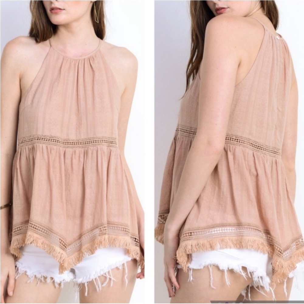 Doe & Rae Light Pink Mauve Halter Tank Boho Lace & Fringe Hem Detail Size Large